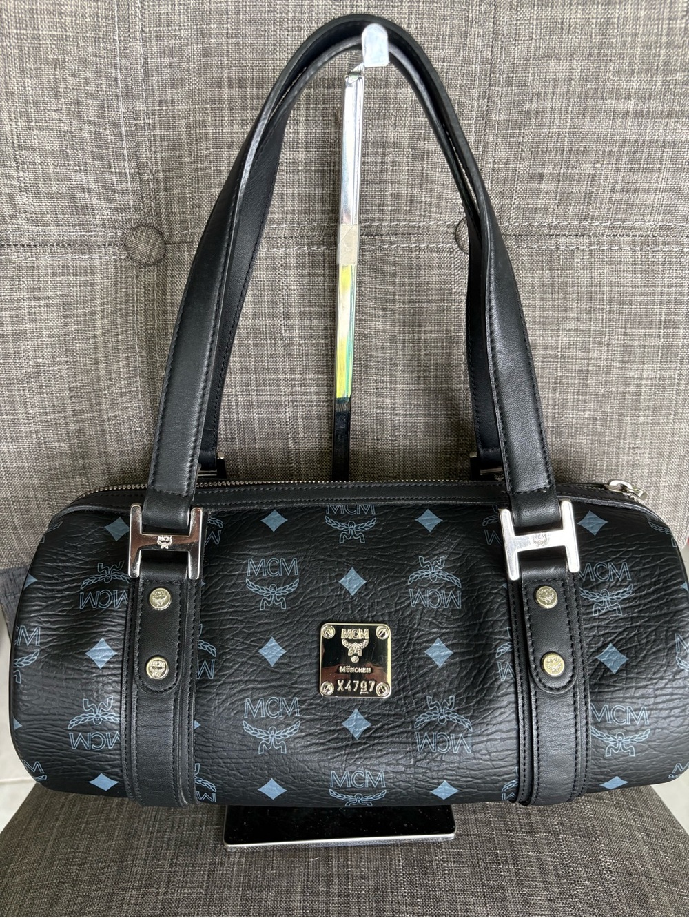 MCM Black Logo Barrel Shoulder Bag
